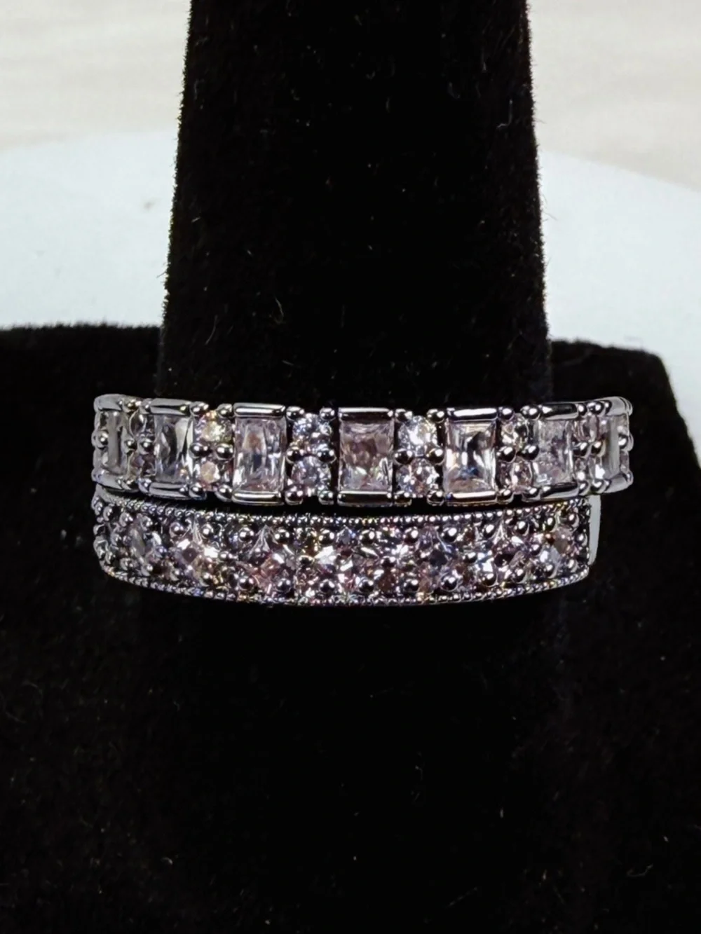 Silvertone Tone Pave Double Band Ring with Clear Stones sz 8